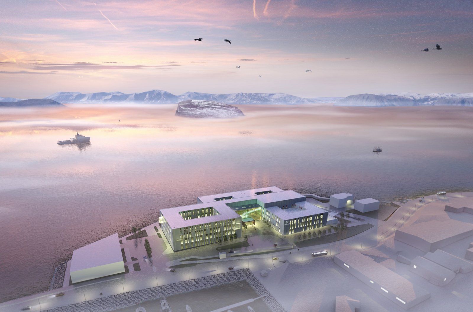 Nye Hammerfest sykehus sett ovenfra, ved sjøen