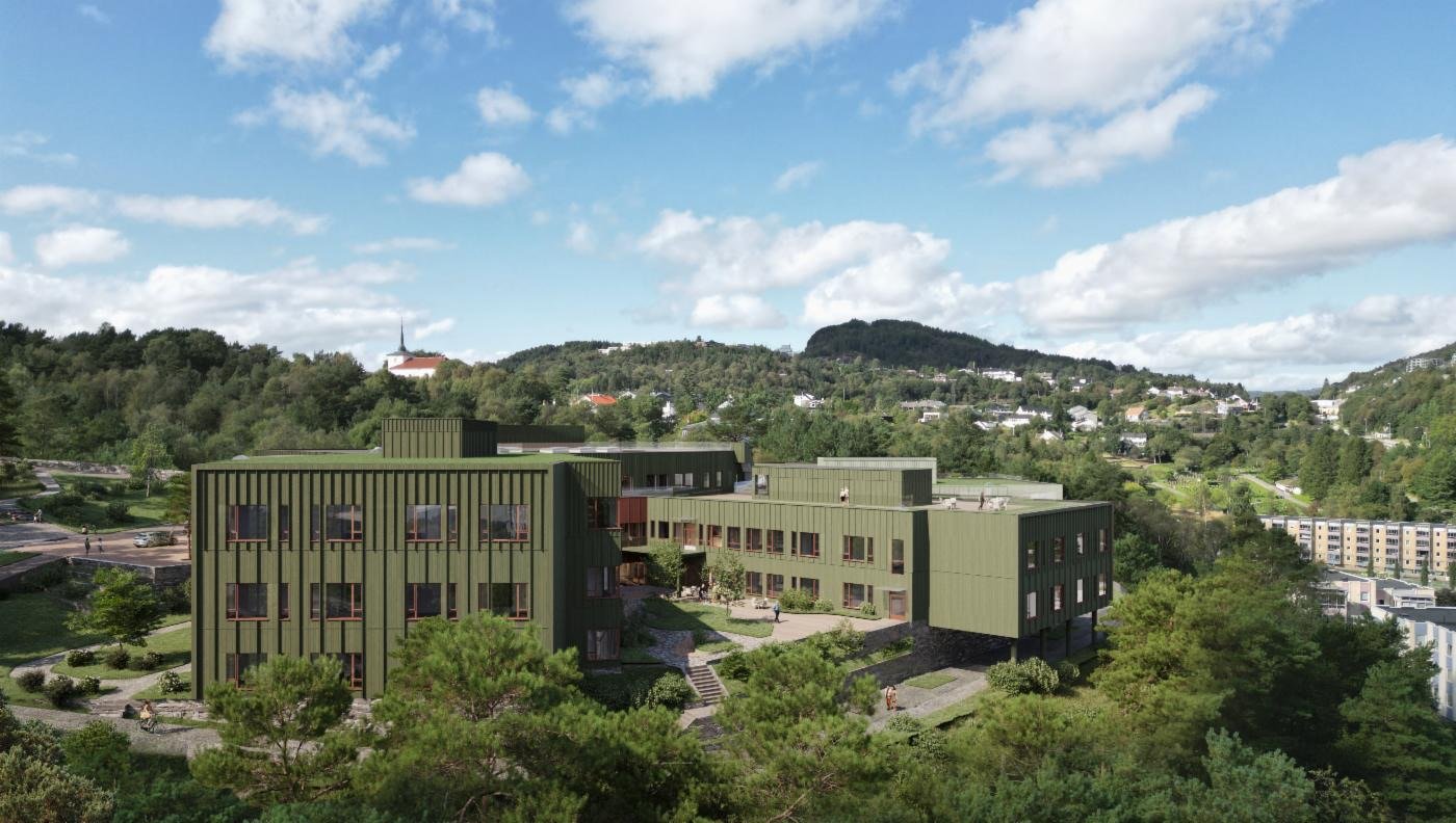 Illustrasjon av Loddefjordåsen behandlingssenter i grønne omgivelser